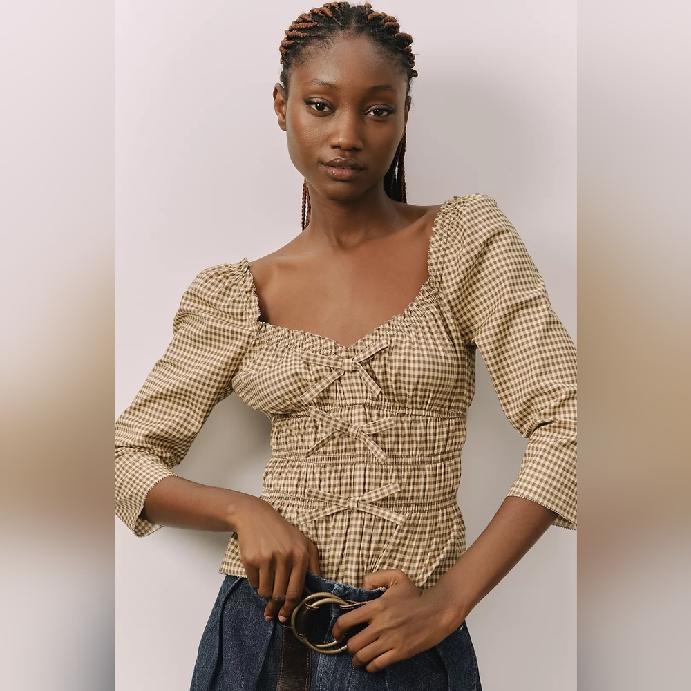 NWT Reformation Lauryn Checkered Quarter Sleeve Bow Top Brown 10
